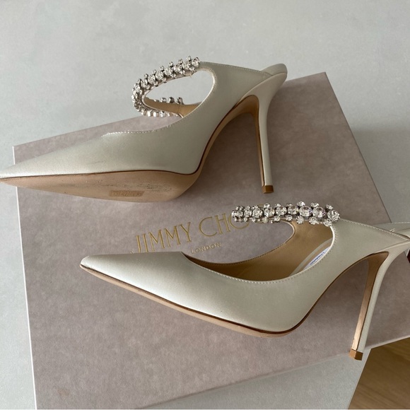 Jimmy Choo Bing 100 Embellished High Heel Mules - White Satin - Picture 9 of 14